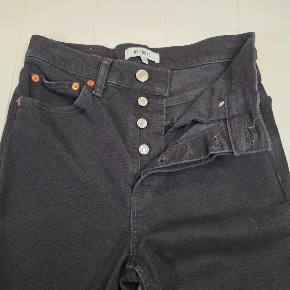 RE/DONE High Rise Ankle Crop Jeans 26 Faded Black Raw Hem Button Fly‎ 189-3WHRAC